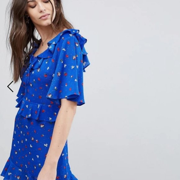 Blue Scoop Neck Mini Dress With Ruffle Detail - Picture 4 of 4